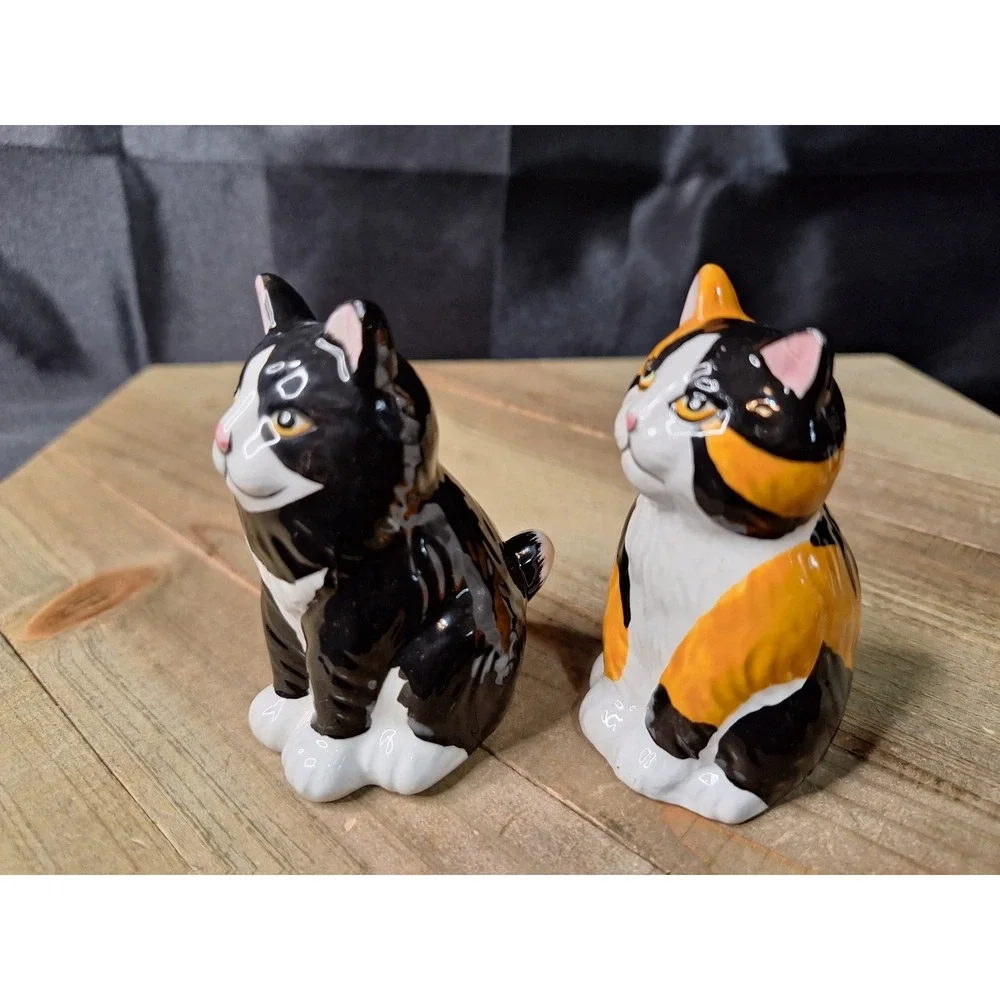 Tuxedo and Calico Cat Ceramic Salt and Pepper Shakers Set Black White Orange